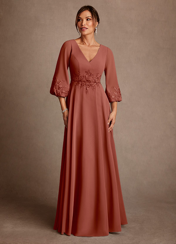 Azazie Yorba Vestidos de Madre de la Novia Vestido de Castaño de Gasa de Corte en A con Encaje image1