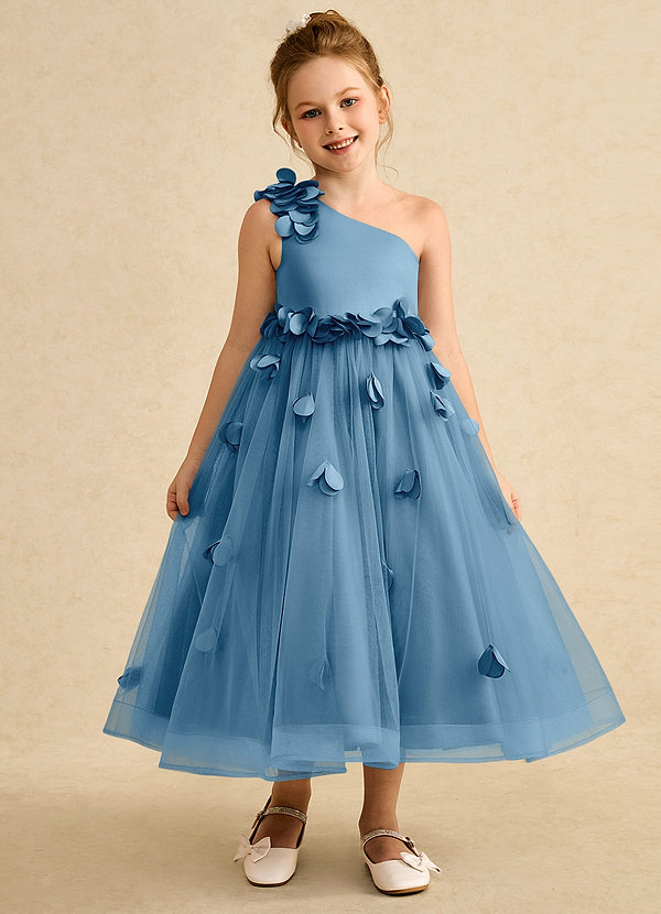 Azazie Atta Bloemenmeisjes Jurken A-Lijn Jurk van Tule One-Shoulder Staal Blauw image1