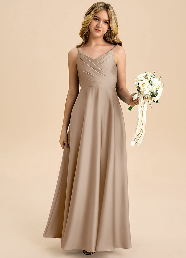 Azazie Bug Junior Robe Trapèze en Satin extensible Plissé Taupe image1