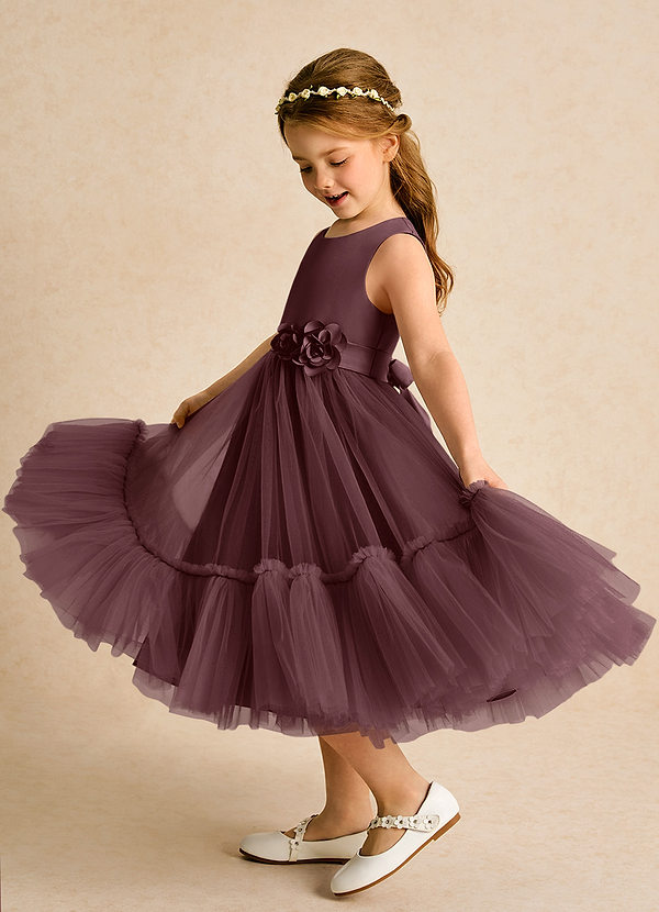 Azazie Miracle Flower Girl Dresses Sangria A-Line Bow Matte Satin Dress image1