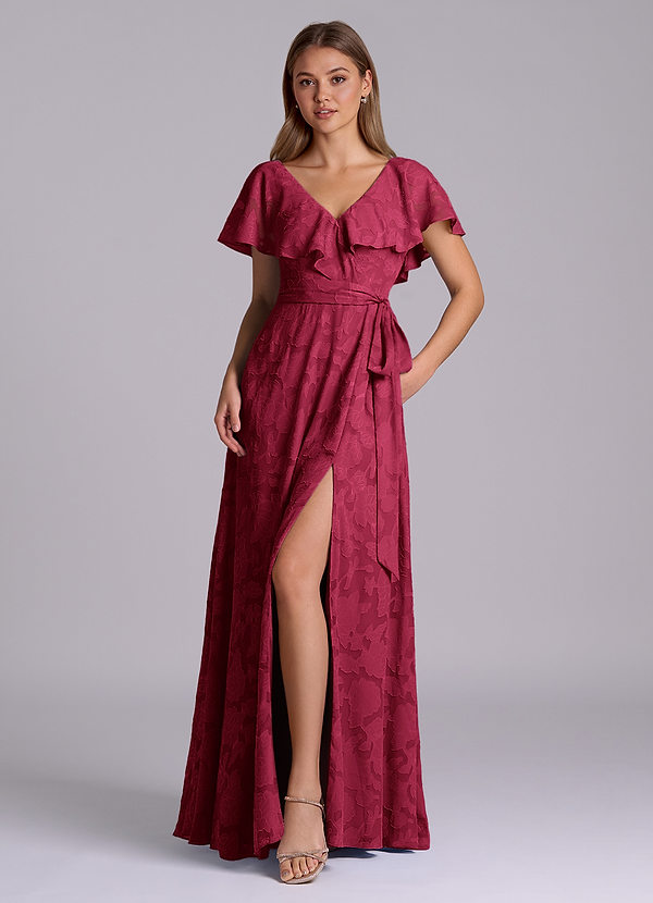 Azazie Lainey Bridesmaid Dresses Burgundy A-Line with Pockets Floral Burnout Dress image1