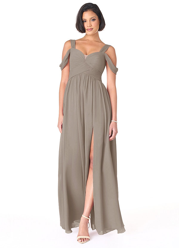 Azazie Lianne Bridesmaid Dresses Taupe A-Line Off the Shoulder Chiffon Dress image1