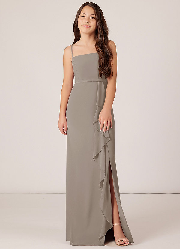 Azazie Kaylee Junior Taupe A-Line with Belt Chiffon Dress image1