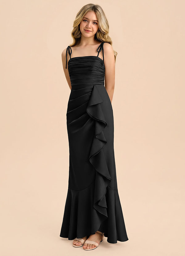 Azazie Ryan Junior Black Sheath Bow Stretch Satin Dress image1