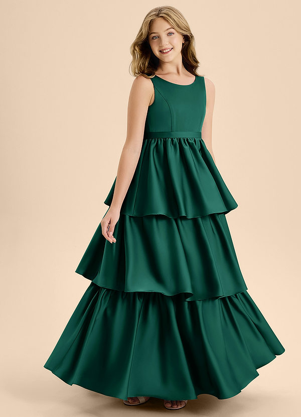 Azazie Meadowyn Junior Vestido de Esmeralda de Satén Elástico de Corte En A con Lazo image1