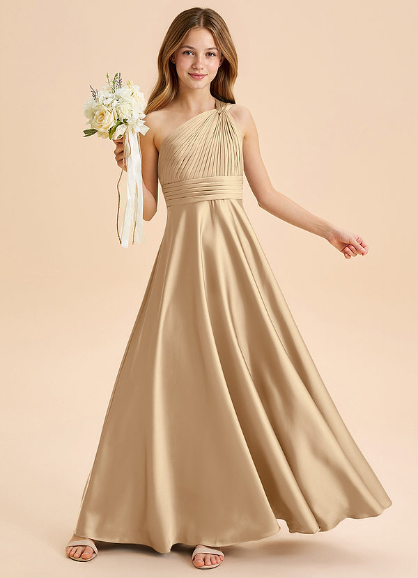 Azazie Charlize Junior Robe Trapèze en Satin extensible Plissée Champagne image1