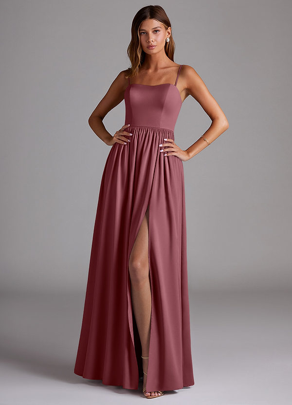 Azazie Calianna Robes Demoiselle d'honneur Robe Trapèze Convertible en Satin extensible Épaule décolletée Rose Du Désert image1