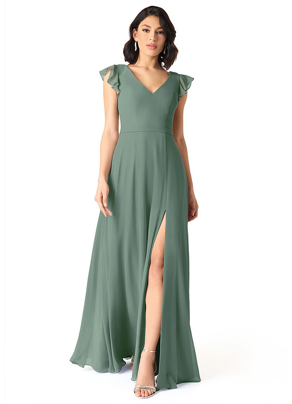 Azazie Claudine Bridesmaid Dresses Eucalyptus A-Line Flutter Sleeve Chiffon Dress image1