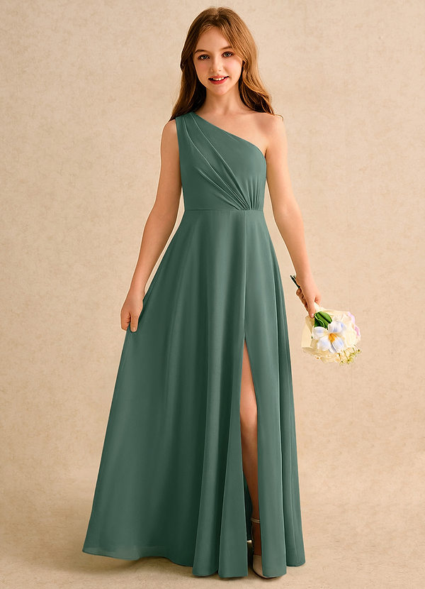 Azazie Puddles Girls Formal Abiti da Ragazza di Fiori Abito A-Line in Chiffon Monospalla Muschio Marino image1