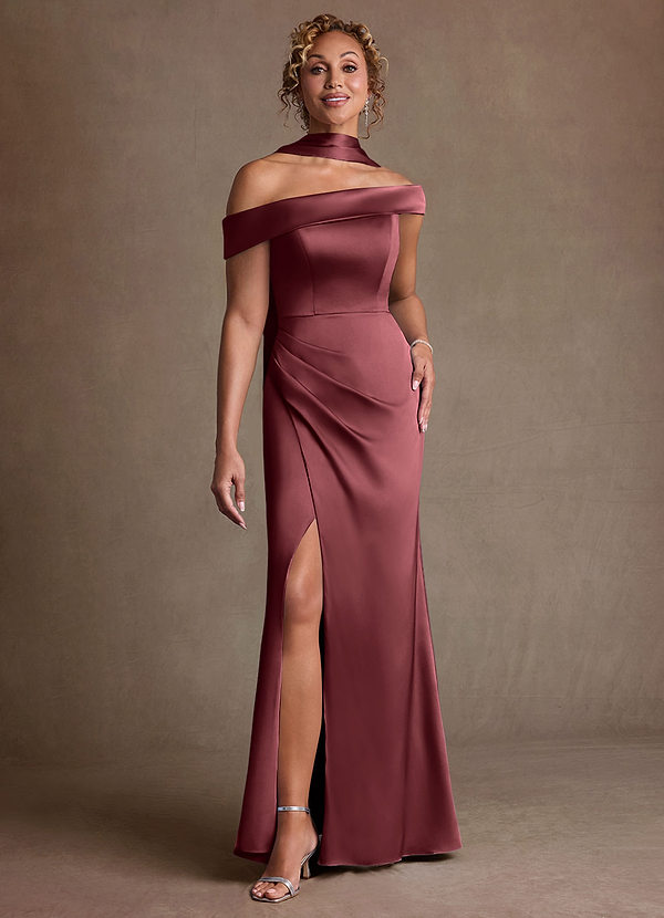 Azazie Kamala Mother of the Brides Dresses Merlot Sheath One Shoulder Stretch Satin Dress image1