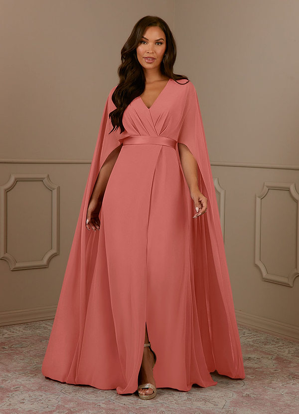 Azazie Isa Robe Mère de la Mariée & du Marié Robe Trapèze en Mousseline de soie Col V plissé Rose Saumon image1