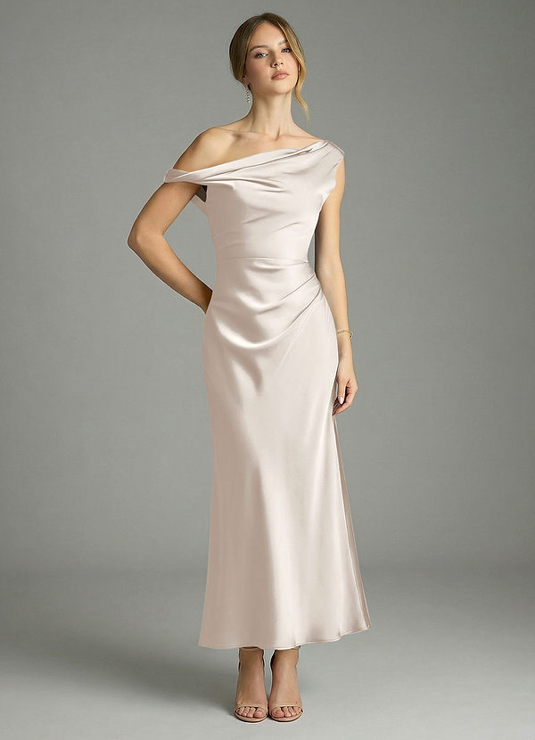 Azazie Emerson Bridesmaid Dresses White Alabaster Mermaid Off the Shoulder Stretch Satin Dress image1