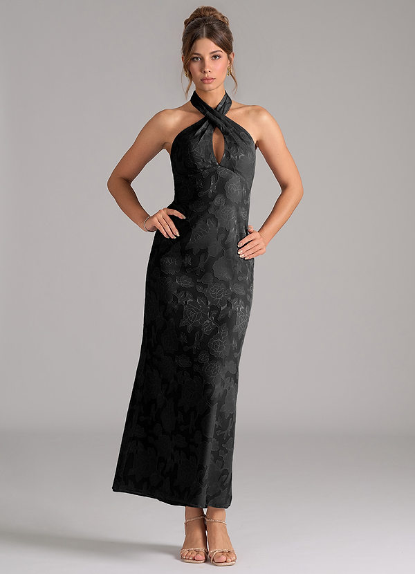 Azazie Marlissa Bridesmaid Dresses Black Sheath Pleated Floral Burnout Dress image1