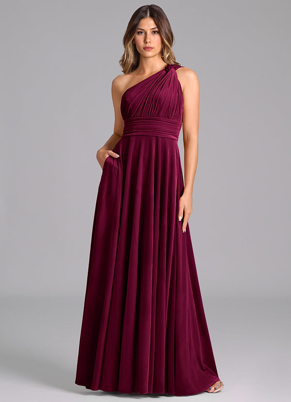 Azazie Charlize Bridesmaid Dresses Cabernet A-Line One Shoulder Velvet Dress image1