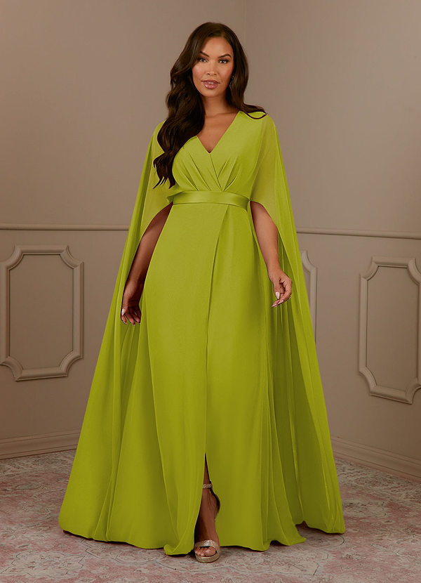 Azazie Isa Robe Mère de la Mariée & du Marié Robe Trapèze en Mousseline de soie Col V plissé Citronnelle image1