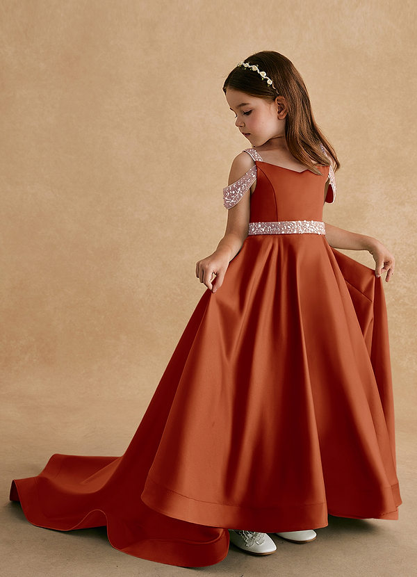 Azazie Jodi Robes de Fillette d'Honneur Robe Trapèze en Mat Satiné Paprika image1