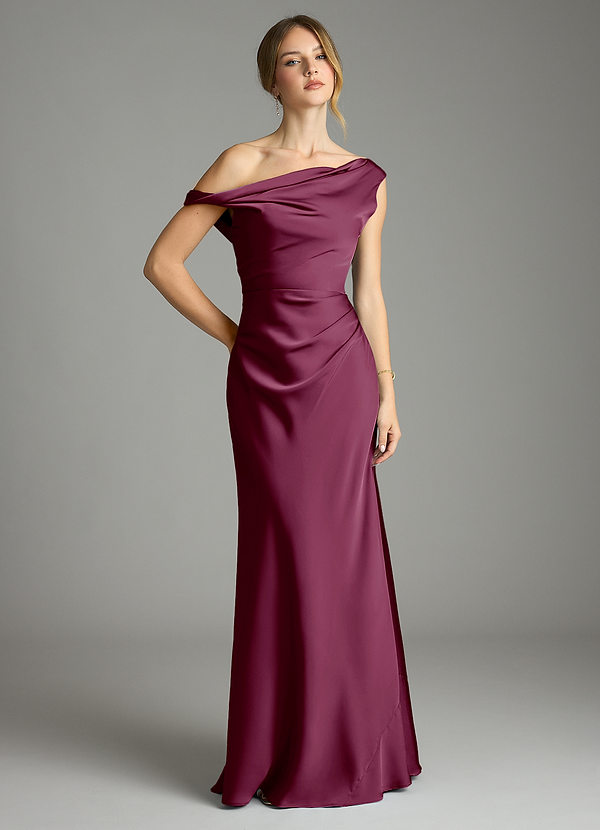 Azazie Emerson Bridesmaid Dresses Mulberry Mermaid Off the Shoulder Stretch Satin Dress image1