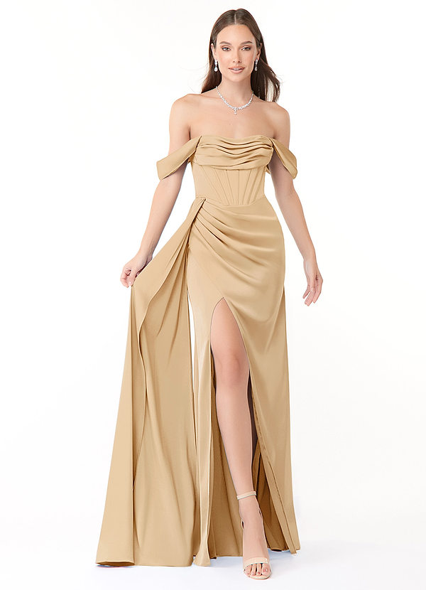 Azazie Amyra Bridesmaid Dresses Gold Sheath Off the Shoulder Stretch Satin Convertible Dress image1