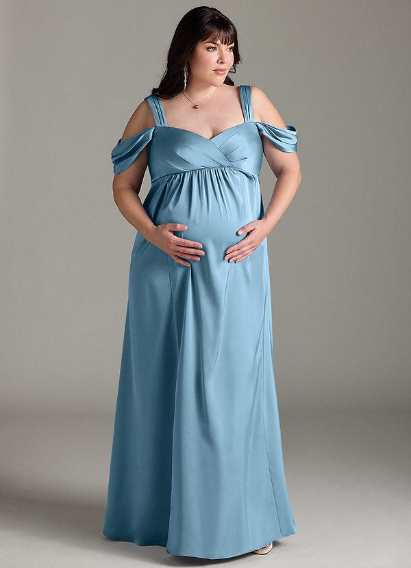 Azazie Rhea Robe demoiselle d'honneur enceinte Robe Trapèze Épaule nue plissée Longueur ras du sol Satin extensible image1