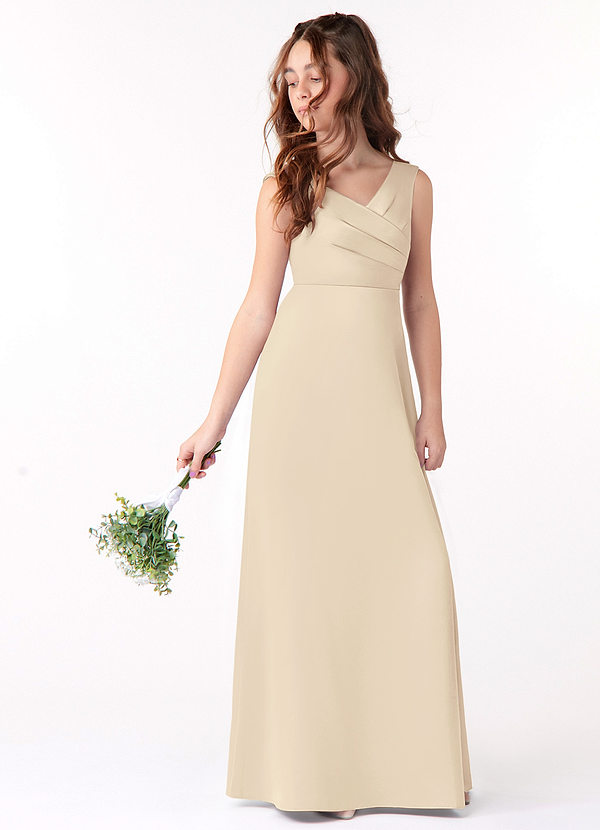 Azazie Sadia Vestido de Champán de Satin Mate de Acampanado con Plisado image1