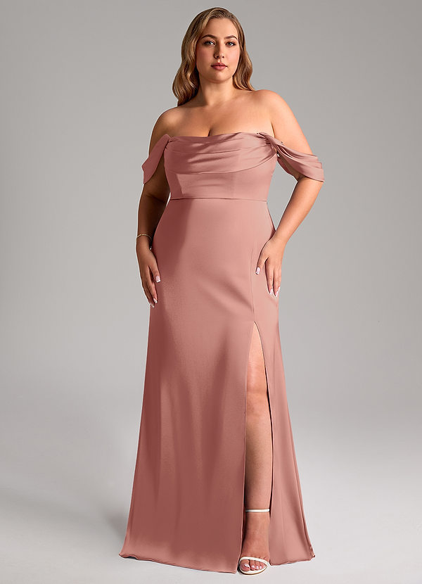 Azazie Saige Abiti da Damigella Abito Tubino in Raso Elasticizzato a Spalla Scoperta Rosetta image1