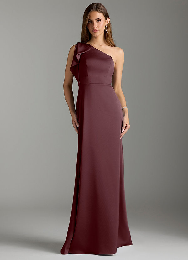 Azazie Rinna Bridesmaid Dresses Sangria Mermaid Ruched Stretch Satin Dress image1