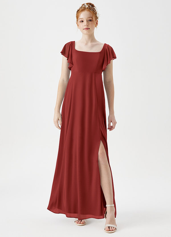 Azazie Bondi Junior Rust A-Line Side Slit Mesh Dress image1