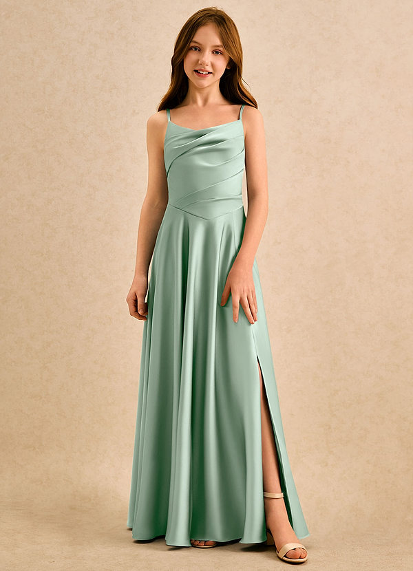 Azazie Coconut Girls Formal Sukienki dla dziewczynek sypiących kwiaty Linia A Pofałdowany Satyna elastyczna Długość podłogi Sukienka image1