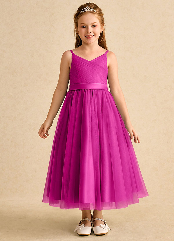 Azazie Patootie Vestidos de Niña de Flores Vestido de Fucsia de Tul de Corte En A con Tirante Espagueti image1