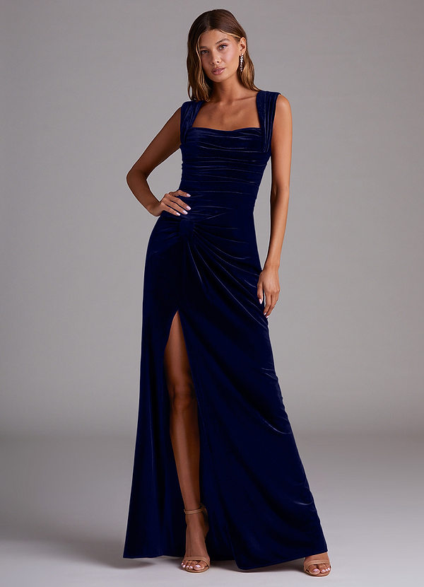 Azazie Genesis Bridesmaid Dresses Dark Navy Sheath Pleated Velvet Dress image1