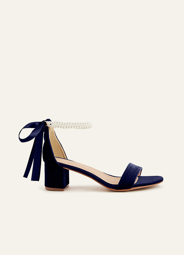 front Matching Color Velvet Pearl Strap Block Heel Sandals