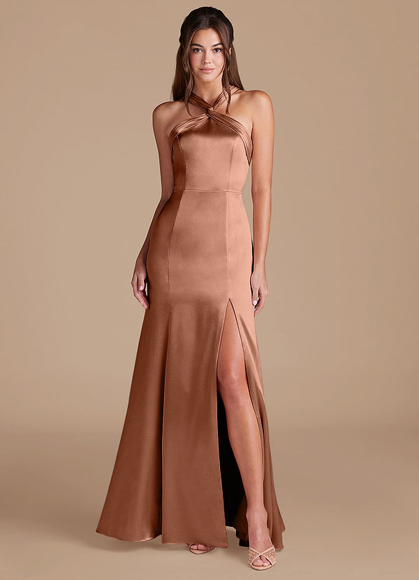 Azazie Rue Abiti da Damigella Abito Sirena in Raso Metallizzato Plissettato Bronzo image1