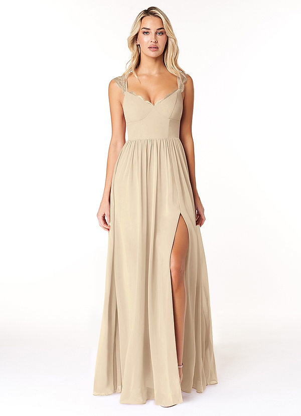 Azazie Cleobella Bridesmaid Dresses Champagne A-Line Sweetheart Lace Chiffon Dress image1