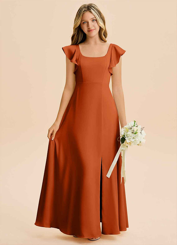 Azazie Bondi Junior Burnt Orange A-Line Side Slit Stretch Satin Dress image1