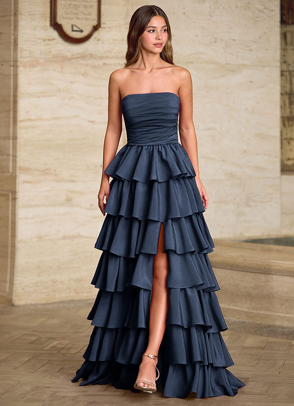 Lunafen Navy Ruffles Satin Prom Dress image1