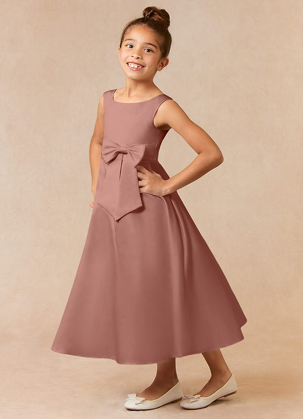 Azazie Lindy Flower Girl Dresses Cedar Rose A-Line Pleated Matte Satin Dress image1