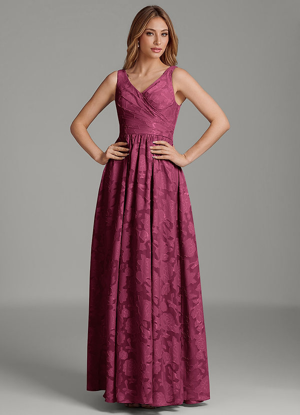 Azazie Keyla Bridesmaid Dresses Mulberry A-Line Pleated Floral Burnout Dress image1