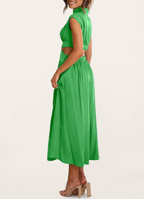 back Certainly Chic Green Pleated Cut Out Midi Dress