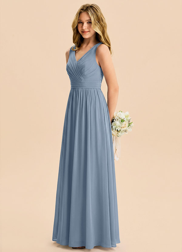Azazie Kora Junior Dusty Blue A-Line Pleated Chiffon Dress image1