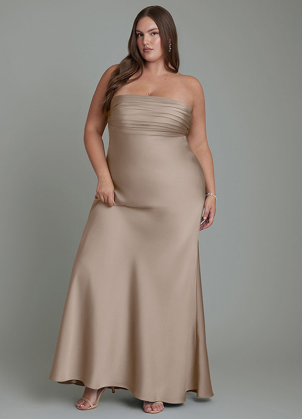 Azazie Saylor Vestidos de dama de honor Vestido Gris Pardo de Satén Elástico de Corte Sirena con Palabra de honor image1