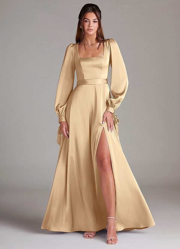 Azazie Leonia Bridesmaid Dresses Champagne A-Line Long Sleeve Stretch Satin Dress image1