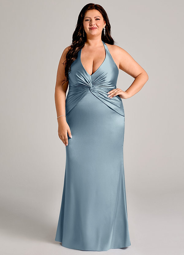 Azazie Valerie Bridesmaid Dresses Dusty Blue Mermaid Pleated Stretch Satin Dress image1