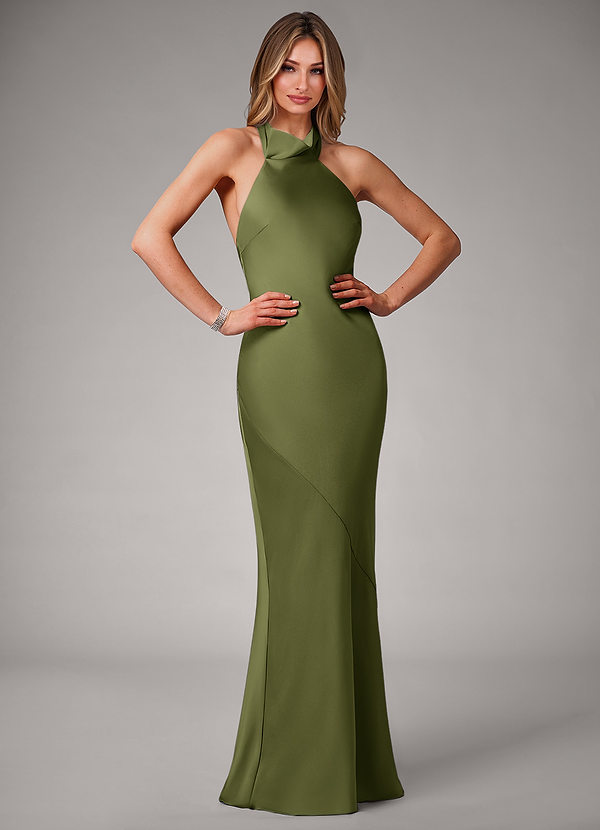 Azazie Velli Bridesmaid Dresses Olive Mermaid Stretch Satin Dress image1