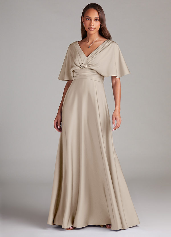 Azazie Pamela Robes Demoiselle d'honneur Robe Trapèze en Satin extensible Plissée Givre image1