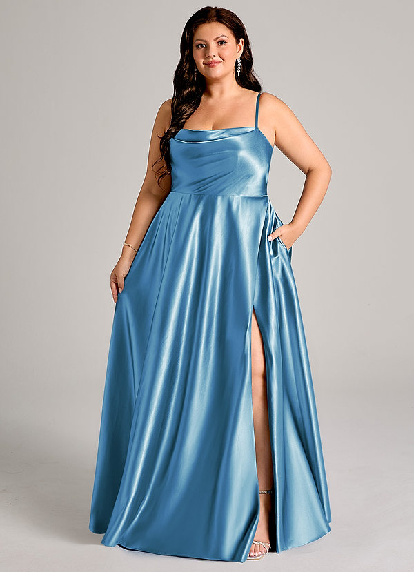 Azazie Elle Bridesmaid Dresses Steel Blue A-Line with Pockets Metallic Satin Dress image1