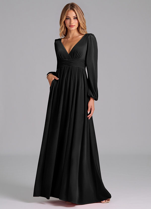 Azazie Norah Robes Demoiselle d'honneur Robe Trapèze en velours Manche longue Noir image1