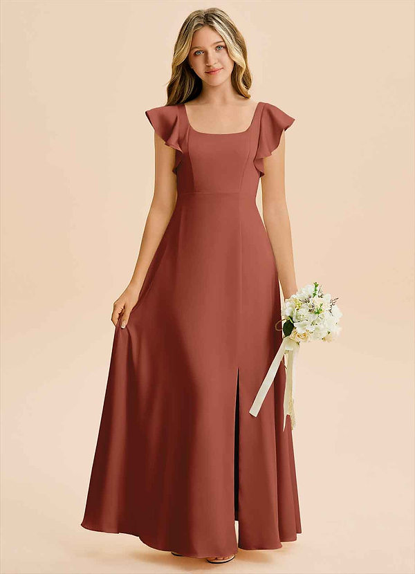 Azazie Bondi Junior A-Linie Seitliche Cut-Outs Stretch-Satin Kleid Rotbraun image1