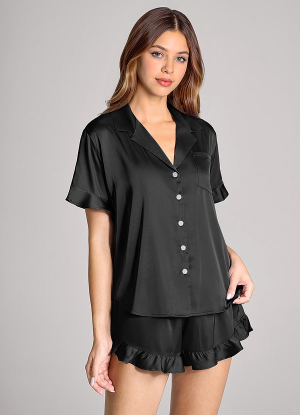 front Black Ruffled Short Sleeve Pajama Set