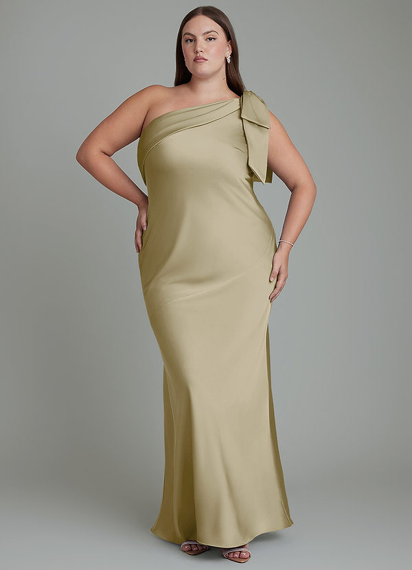 Azazie Yuanna Vestidos de dama de honor Vestido Musgo Verde de Satén Elástico de Corte Sirena con Un hombro image1