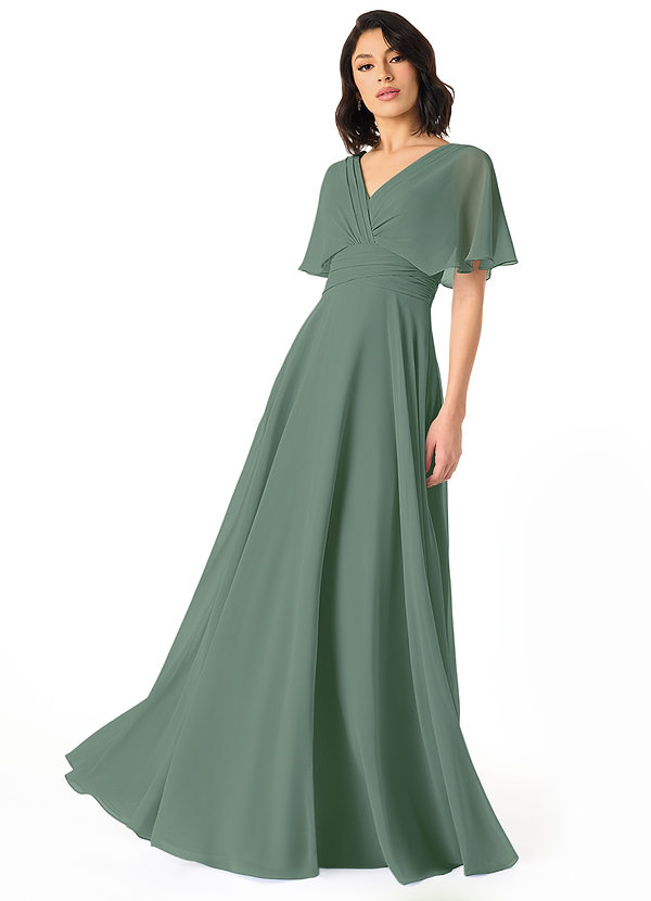 Azazie Pamela Bridesmaid Dresses Eucalyptus A-Line V-Neck Pleated Chiffon Dress image1